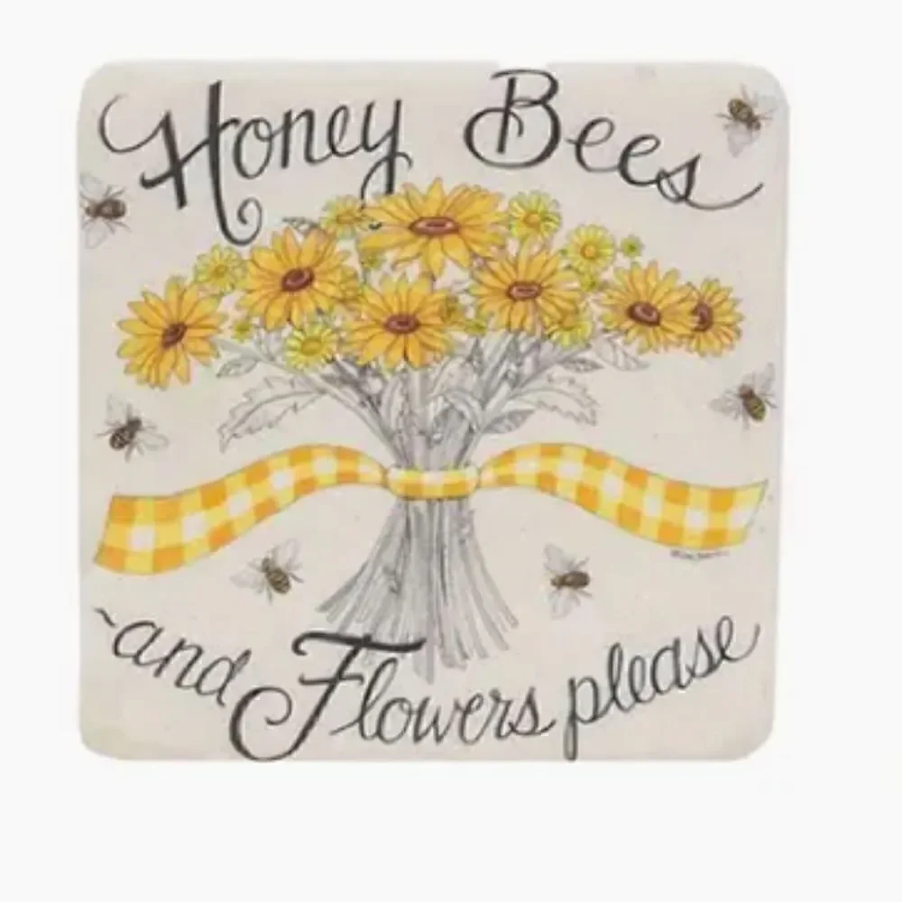 NEW! Honey Bee Resin Coaster Boxed Set Farmhouse Bumble bee Spring Flowers Honey
